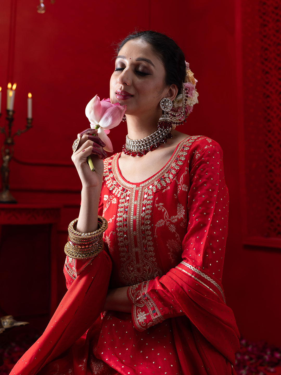Red Silk Blend Zari Sequence Thread Embroidered Coding With Mirror Work Kurta With Pant And Dupatta Set