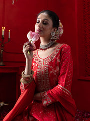 Red Silk Blend Zari Sequence Thread Embroidered Coding With Mirror Work Kurta With Pant And Dupatta Set