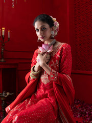 Red Silk Blend Zari Sequence Thread Embroidered Coding With Mirror Work Kurta With Pant And Dupatta Set
