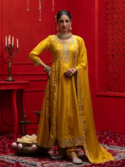 Yellow Silk Blend Zari Sequence Thread Embroidered Coding With Mirror Work Kurta With Pant And Dupatta Set