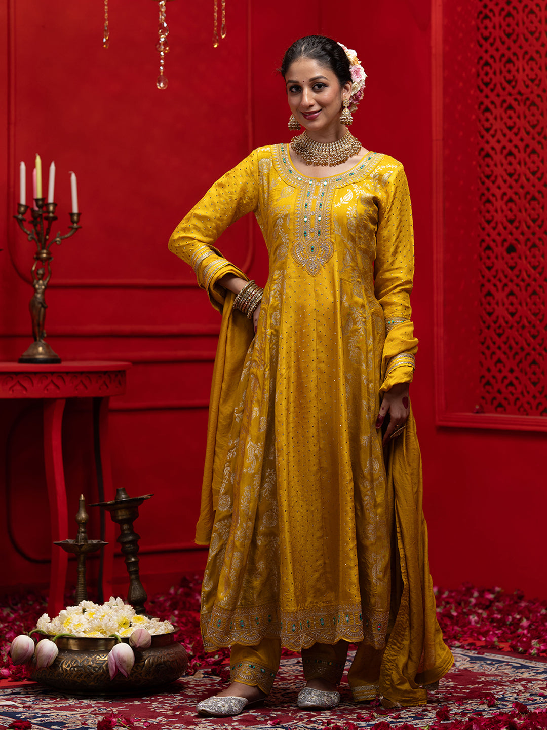 Yellow Silk Blend Zari Sequence Thread Embroidered Coding With Mirror Work Kurta With Pant And Dupatta Set