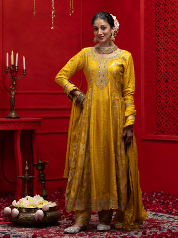 Yellow Silk Blend Zari Sequence Thread Embroidered Coding With Mirror Work Kurta With Pant And Dupatta Set