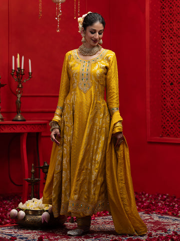 Yellow Silk Blend Zari Sequence Thread Embroidered Coding With Mirror Work Kurta With Pant And Dupatta Set