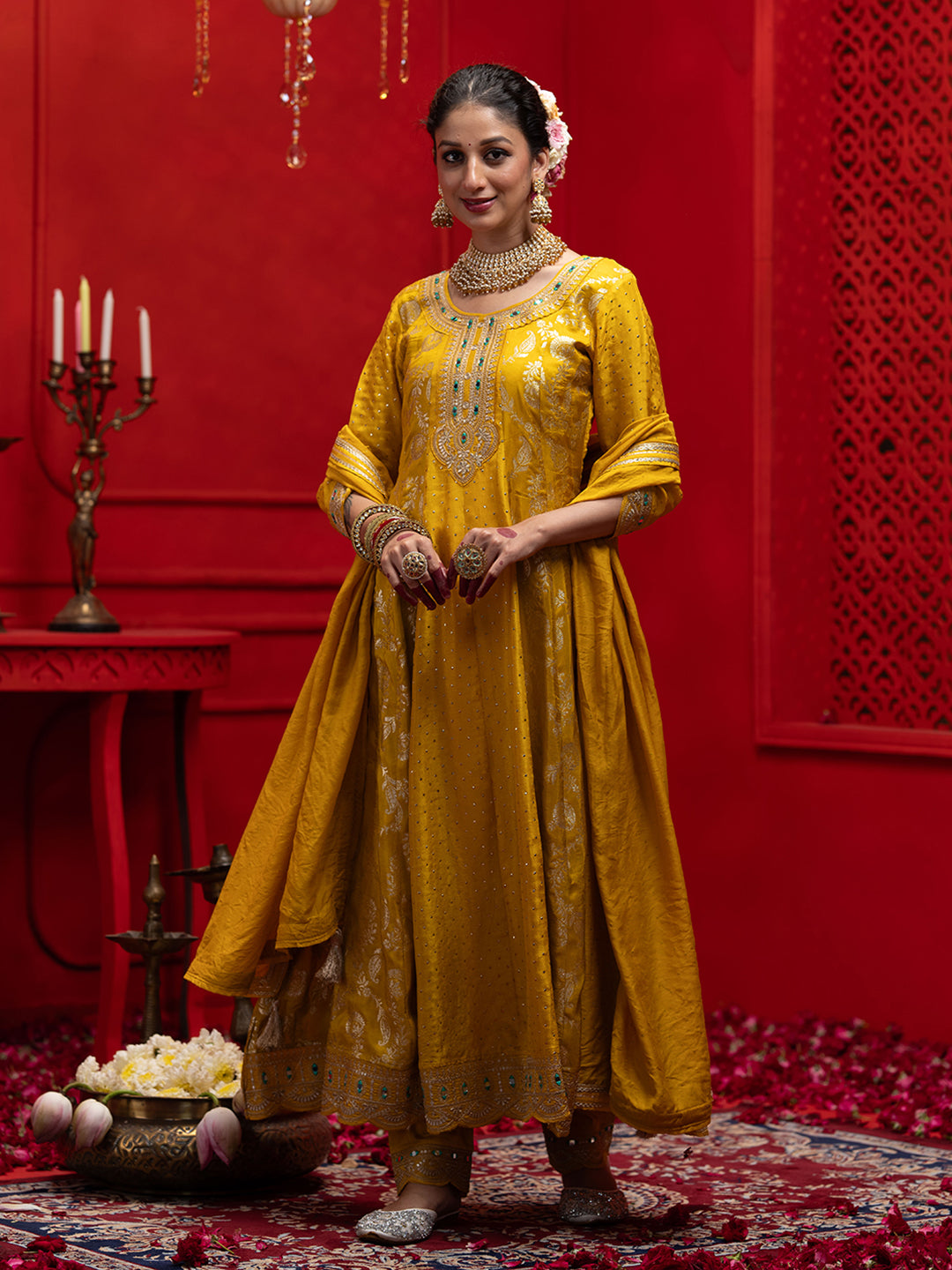 Yellow Silk Blend Zari Sequence Thread Embroidered Coding With Mirror Work Kurta With Pant And Dupatta Set
