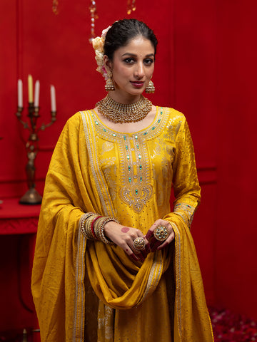 Yellow Silk Blend Zari Sequence Thread Embroidered Coding With Mirror Work Kurta With Pant And Dupatta Set