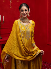 Yellow Silk Blend Zari Sequence Thread Embroidered Coding With Mirror Work Kurta With Pant And Dupatta Set