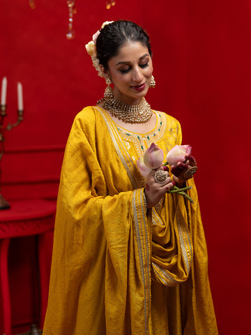 Yellow Silk Blend Zari Sequence Thread Embroidered Coding With Mirror Work Kurta With Pant And Dupatta Set