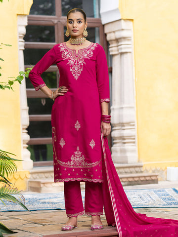 Red Silk Blend Zari Sequence Thread Embroidered With Mirror Work  Kurta With Pant And Dupatta Set