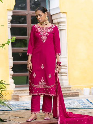 Red Silk Blend Zari Sequence Thread Embroidered With Mirror Work  Kurta With Pant And Dupatta Set