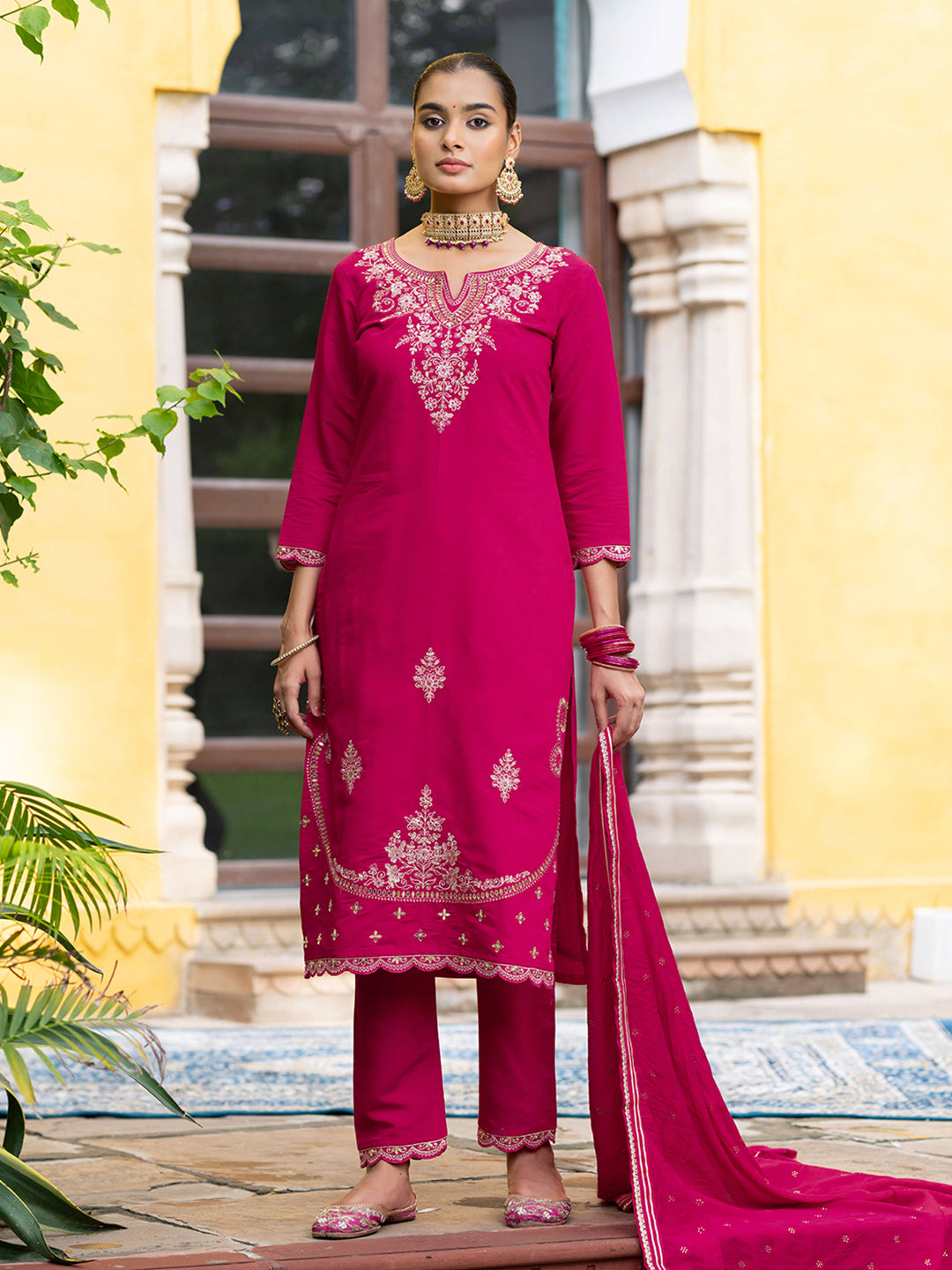 Red Silk Blend Zari Sequence Thread Embroidered With Mirror Work  Kurta With Pant And Dupatta Set