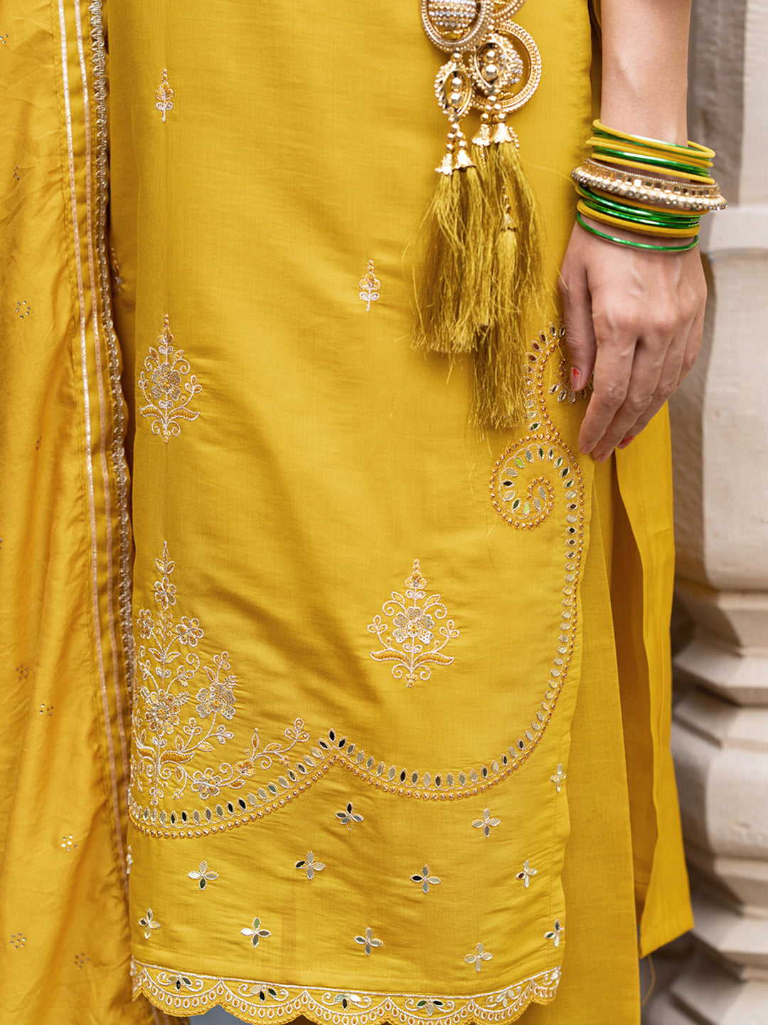 Yellow Silk Blend Zari Sequence Thread Embroidered With Mirror Work  Kurta With Pant And Dupatta Set