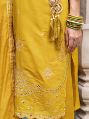 Yellow Silk Blend Zari Sequence Thread Embroidered With Mirror Work  Kurta With Pant And Dupatta Set