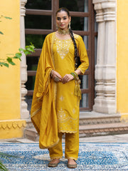 Yellow Silk Blend Zari Sequence Thread Embroidered With Mirror Work  Kurta With Pant And Dupatta Set