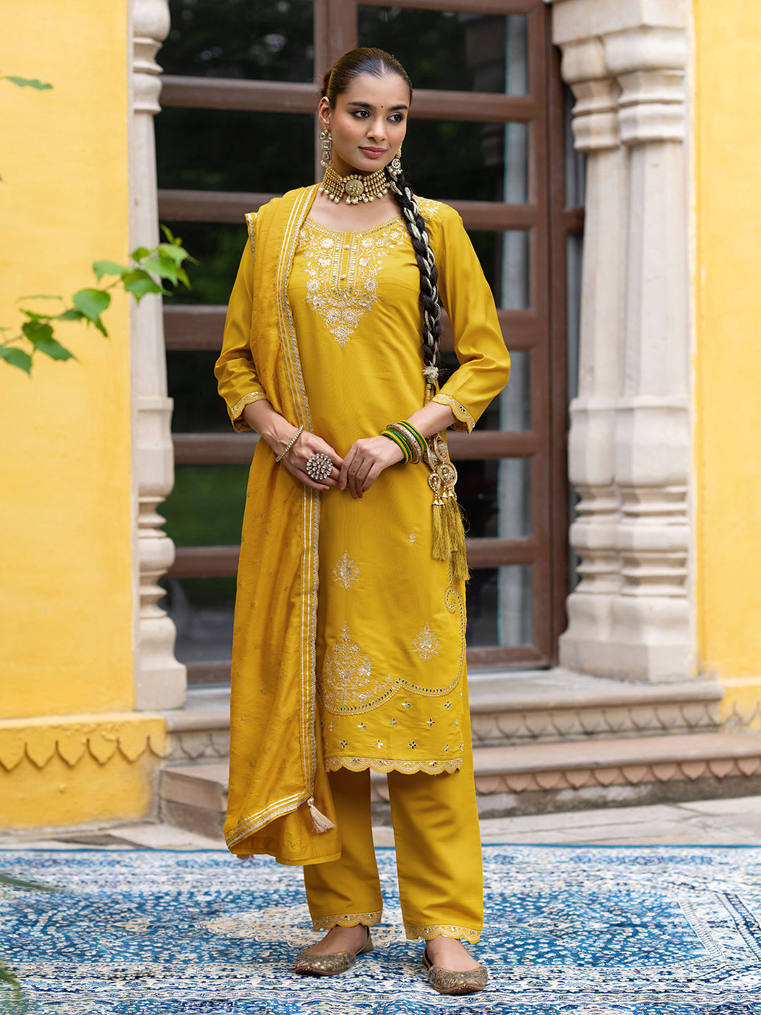 Yellow Silk Blend Zari Sequence Thread Embroidered With Mirror Work  Kurta With Pant And Dupatta Set