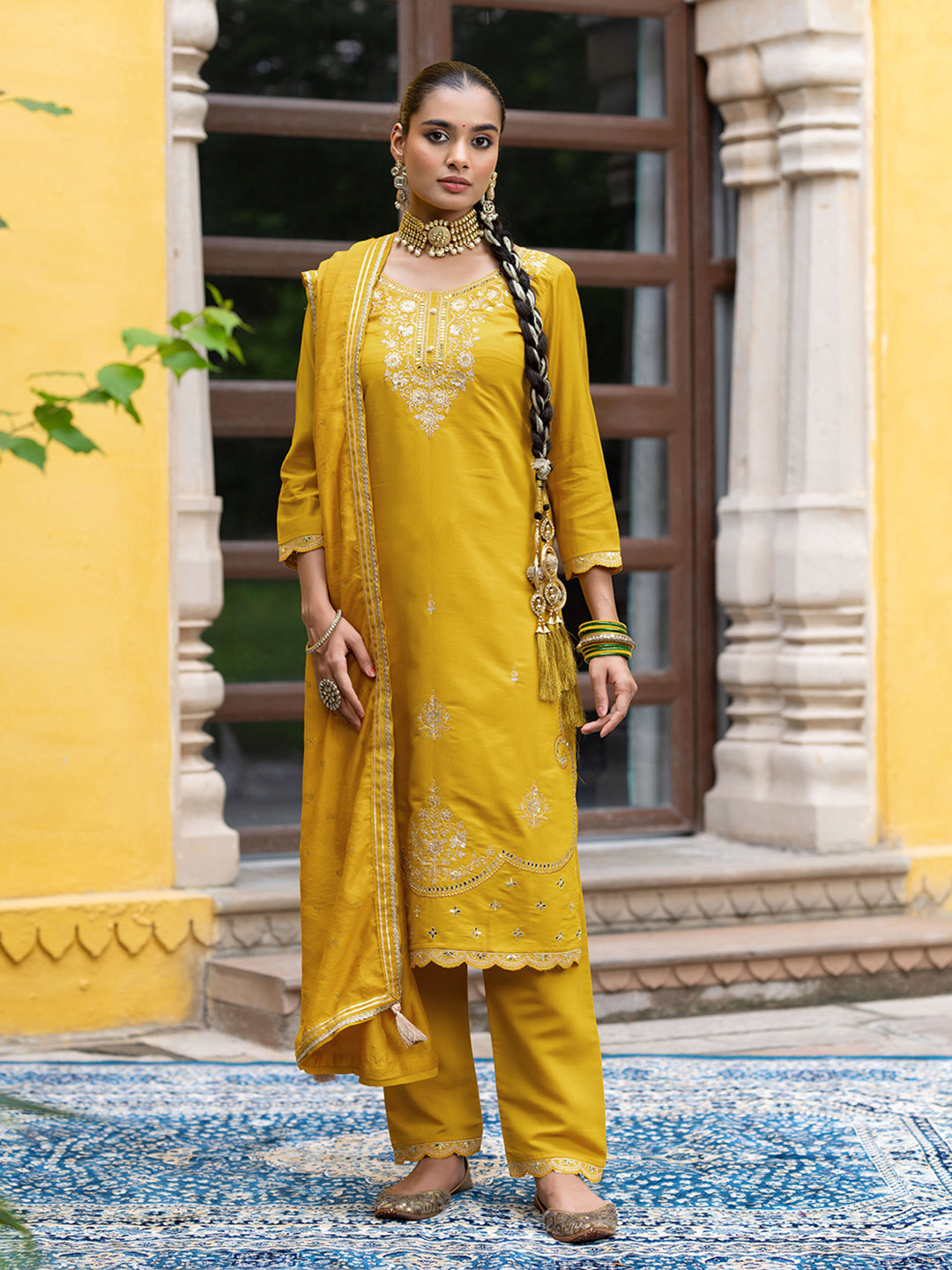 Yellow Silk Blend Zari Sequence Thread Embroidered With Mirror Work  Kurta With Pant And Dupatta Set