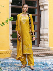 Yellow Silk Blend Zari Sequence Thread Embroidered With Mirror Work  Kurta With Pant And Dupatta Set