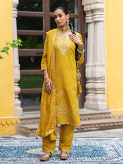 Yellow Silk Blend Zari Sequence Thread Embroidered With Mirror Work  Kurta With Pant And Dupatta Set