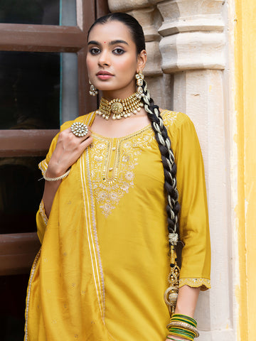 Yellow Silk Blend Zari Sequence Thread Embroidered With Mirror Work  Kurta With Pant And Dupatta Set
