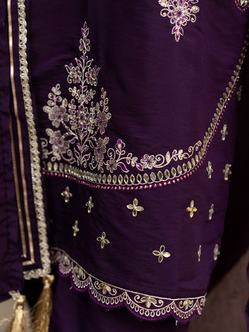 Wine Silk Blend Zari Sequence Thread Embroidered With Mirror Work  Kurta With Pant And Dupatta Set