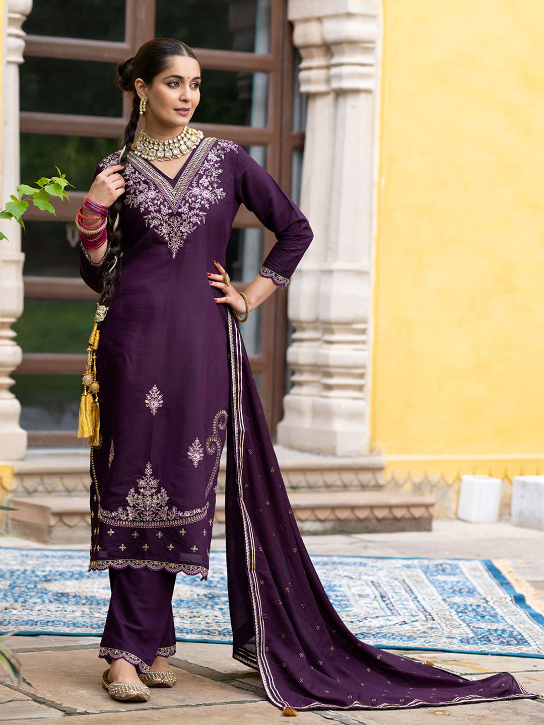 Purple Straight Kurta Set with Dupatta