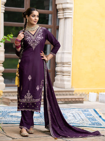 Wine Silk Blend Zari Sequence Thread Embroidered With Mirror Work  Kurta With Pant And Dupatta Set