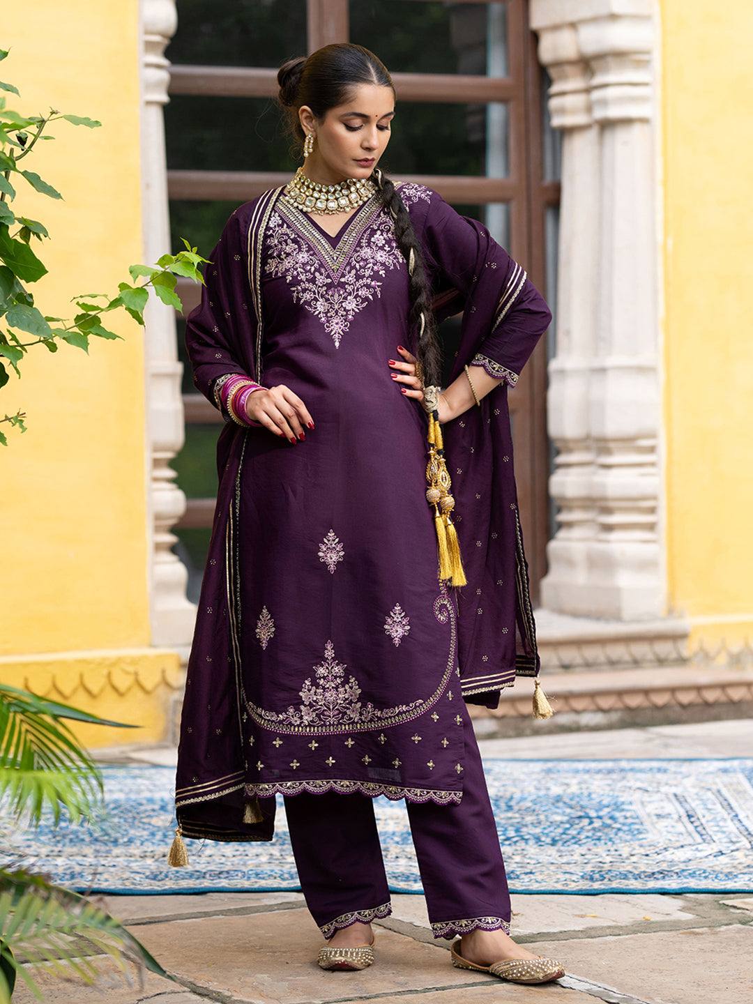 Wine Silk Blend Zari Sequence Thread Embroidered With Mirror Work  Kurta With Pant And Dupatta Set