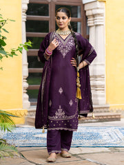 Wine Silk Blend Zari Sequence Thread Embroidered With Mirror Work  Kurta With Pant And Dupatta Set