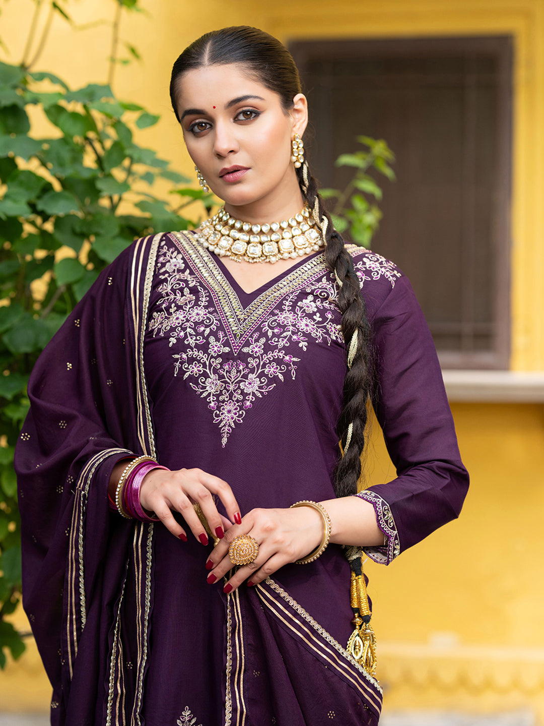 Wine Silk Blend Zari Sequence Thread Embroidered With Mirror Work  Kurta With Pant And Dupatta Set