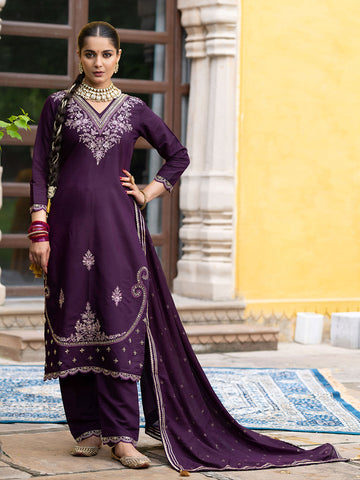 Wine Silk Blend Zari Sequence Thread Embroidered With Mirror Work  Kurta With Pant And Dupatta Set