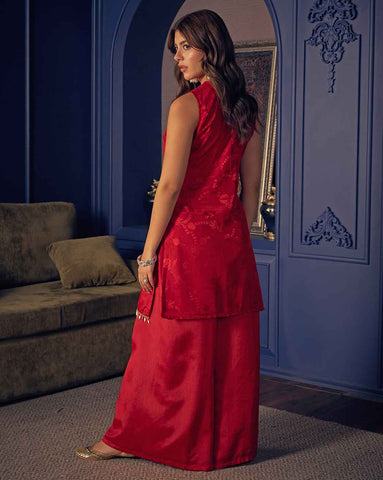 Crimson Red Sleeveless Kurta and Flared Palazzo Set