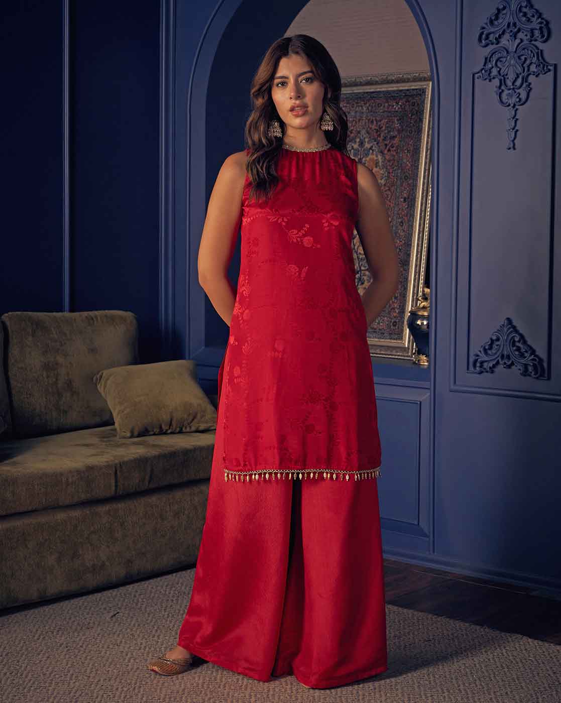 Crimson Red Sleeveless Kurta and Flared Palazzo Set