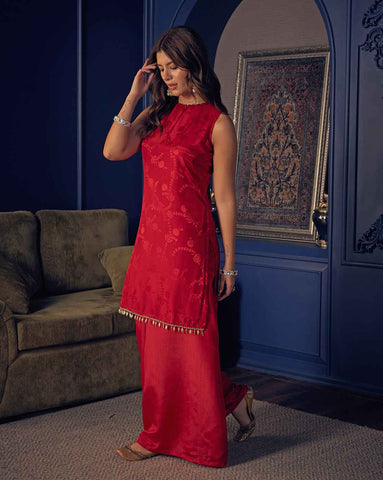 Crimson Red Sleeveless Kurta and Flared Palazzo Set