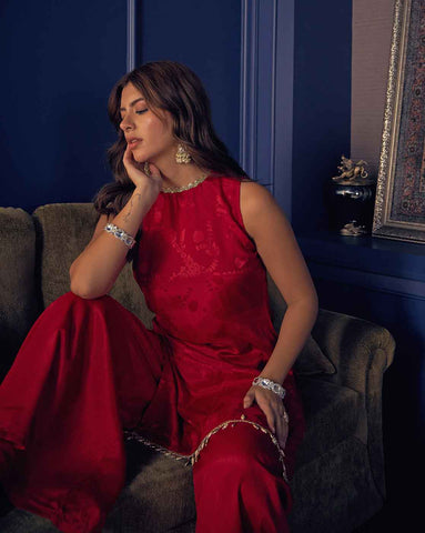 Crimson Red Sleeveless Kurta and Flared Palazzo Set