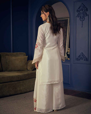 White Embroidered Short Kurta and Flared Palazzo Set