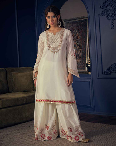 White Embroidered Short Kurta and Flared Palazzo Set