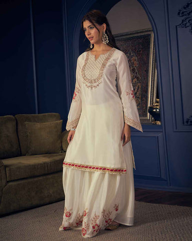 White Embroidered Short Kurta and Flared Palazzo Set
