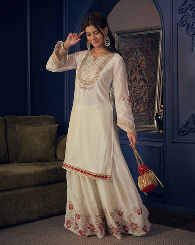 White Embroidered Short Kurta and Flared Palazzo Set