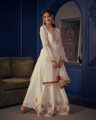 White Embroidered Short Kurta and Flared Palazzo Set