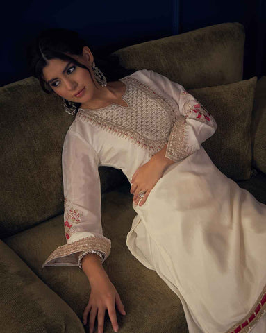 White Embroidered Short Kurta and Flared Palazzo Set