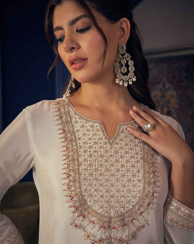 White Embroidered Short Kurta and Flared Palazzo Set