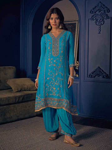 Azure Blue Embroidered Short Kurta and Afghan Pant Set