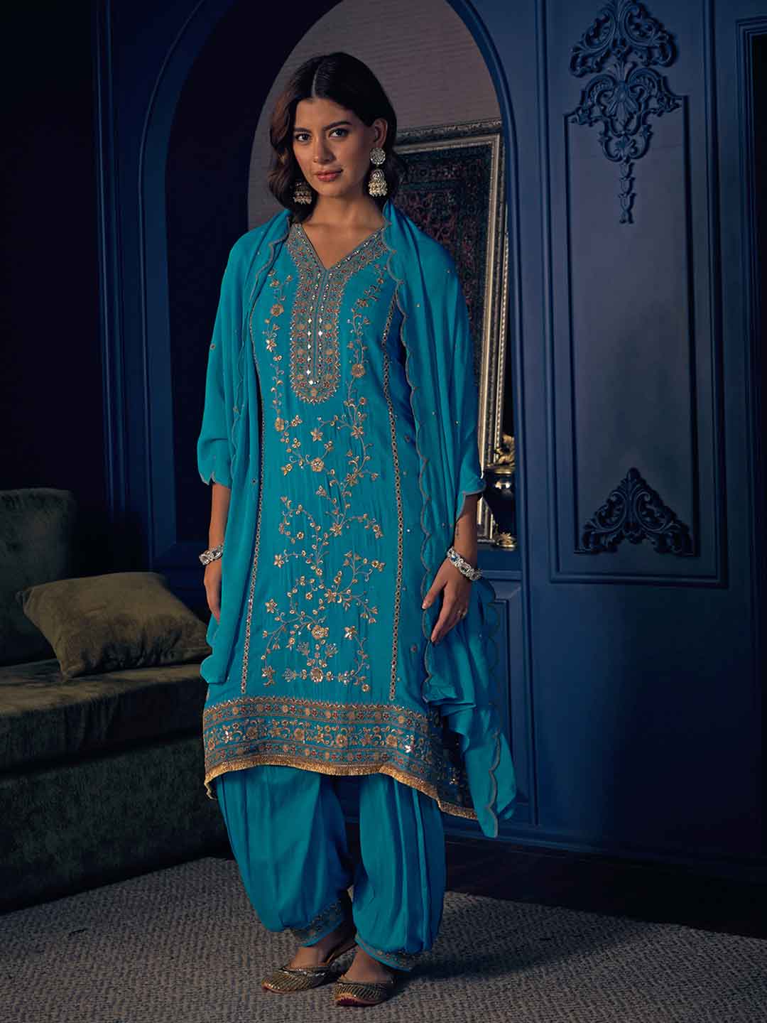 Azure Blue Embroidered Short Kurta and Afghan Pant Set