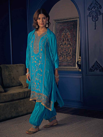 Azure Blue Embroidered Short Kurta and Afghan Pant Set