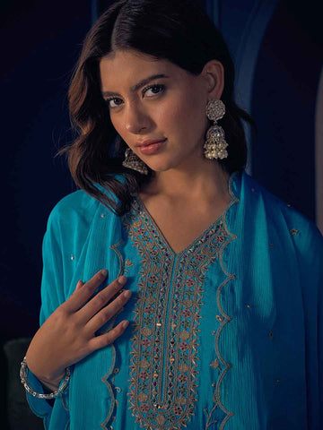 Azure Blue Embroidered Short Kurta and Afghan Pant Set
