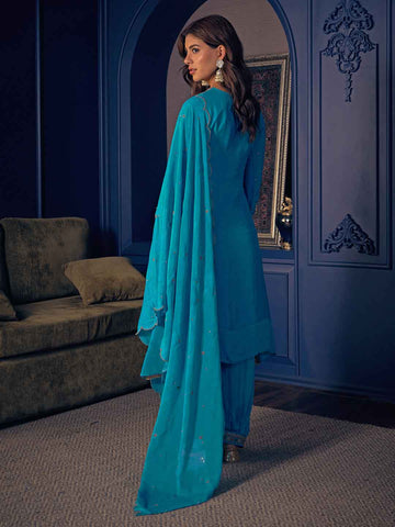 Azure Blue Embroidered Short Kurta and Afghan Pant Set