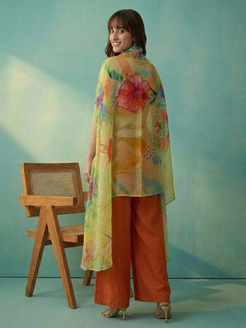 Rust Orange Floral Crop Top with Palazzo and Embroidered Cape Set