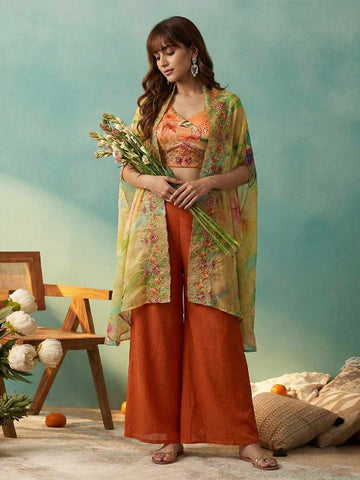 Rust Orange Floral Crop Top with Palazzo and Embroidered Cape Set
