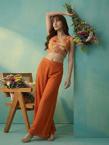 Rust Orange Floral Crop Top with Palazzo and Embroidered Cape Set