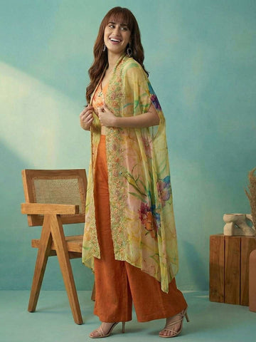 Rust Orange Floral Crop Top with Palazzo and Embroidered Cape Set