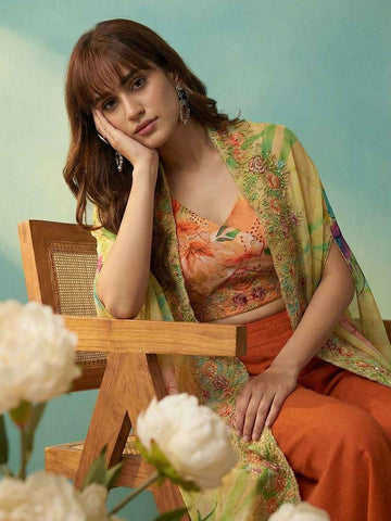 Rust Orange Floral Crop Top with Palazzo and Embroidered Cape Set